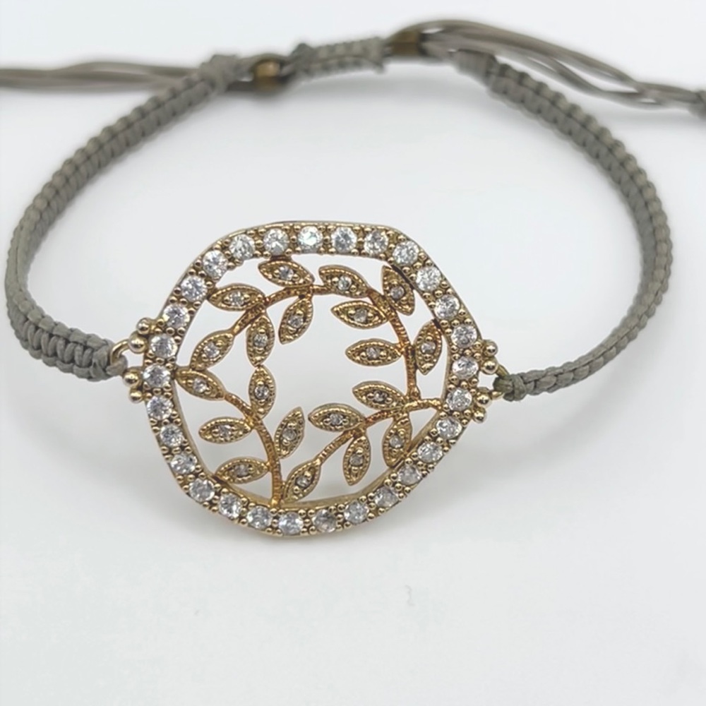 Anthropologie Adjustable Macrame Rope Cord Cubic Zirconia Leaf Bracelet